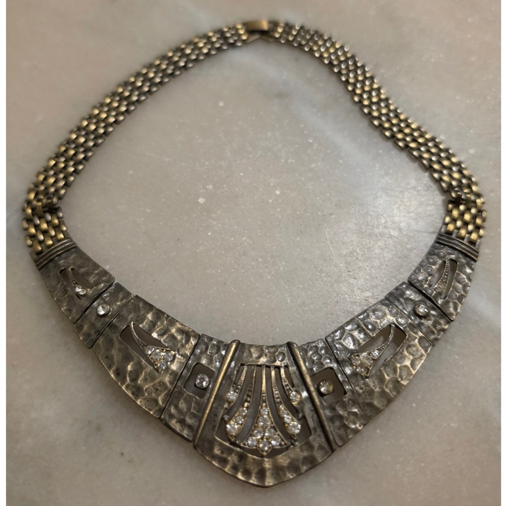Vintage Art Deco Style Statement Necklace Hammered Metal Crystal Choker - Picture 2 of 12